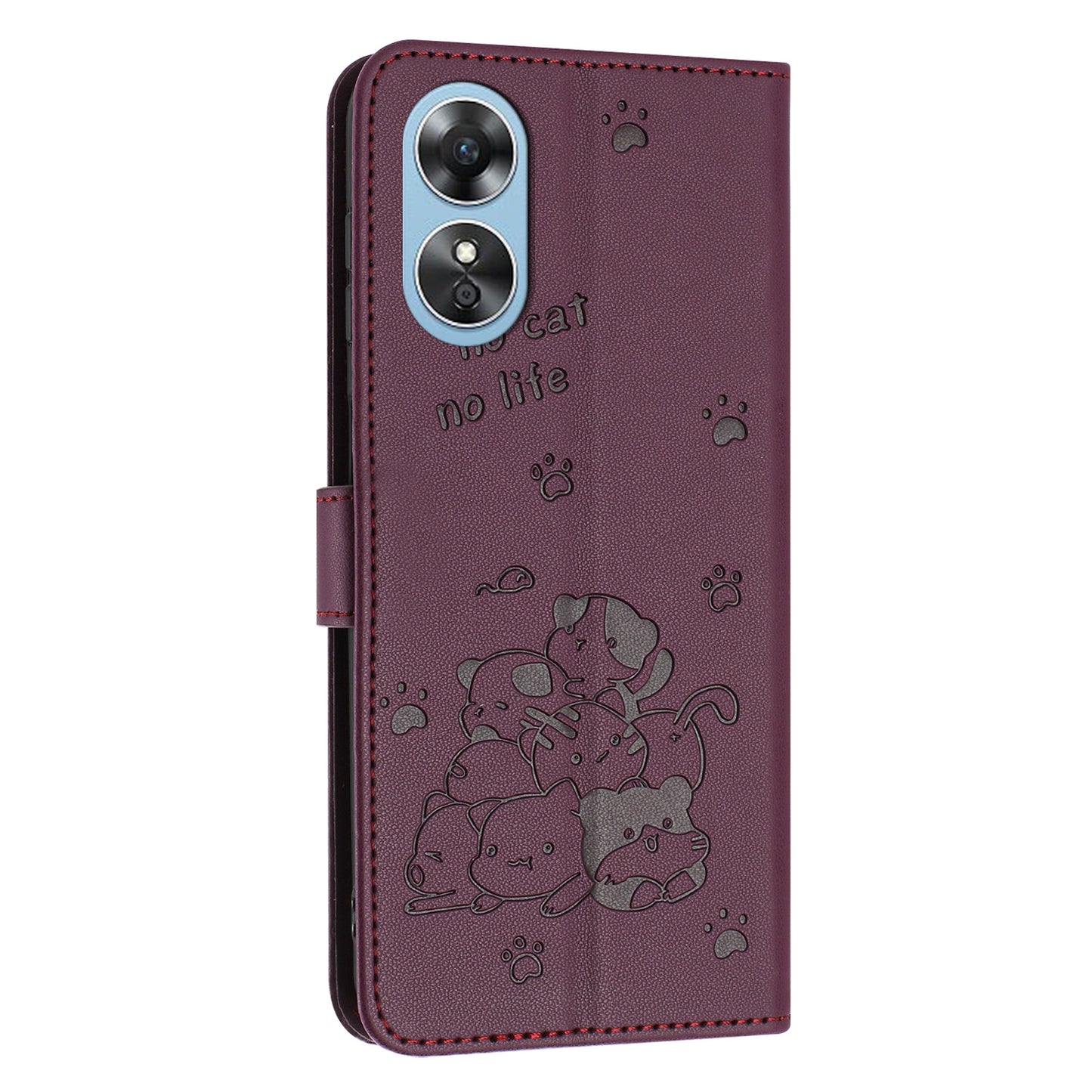OPPO A38 4G Embossed Kitten PU Leather Wallet Case with Card Slots, Cash Pocket, Kickstand Function, Wrist Lanyard Strap, Full Protective TPU Flip Cover