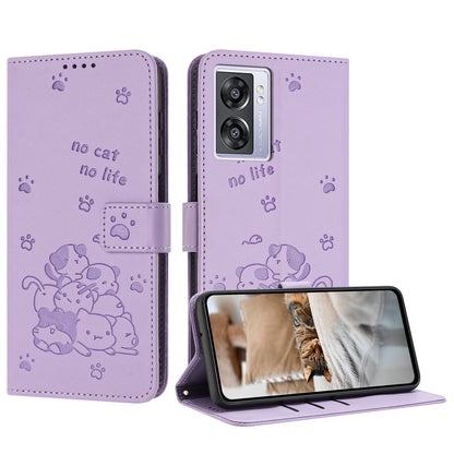 OPPO A77 5G Embossed Kitten PU Leather Wallet Case with Card Slots, Cash Pocket, Kickstand Function, Wrist Lanyard Strap, Full Protective TPU Flip Cover
