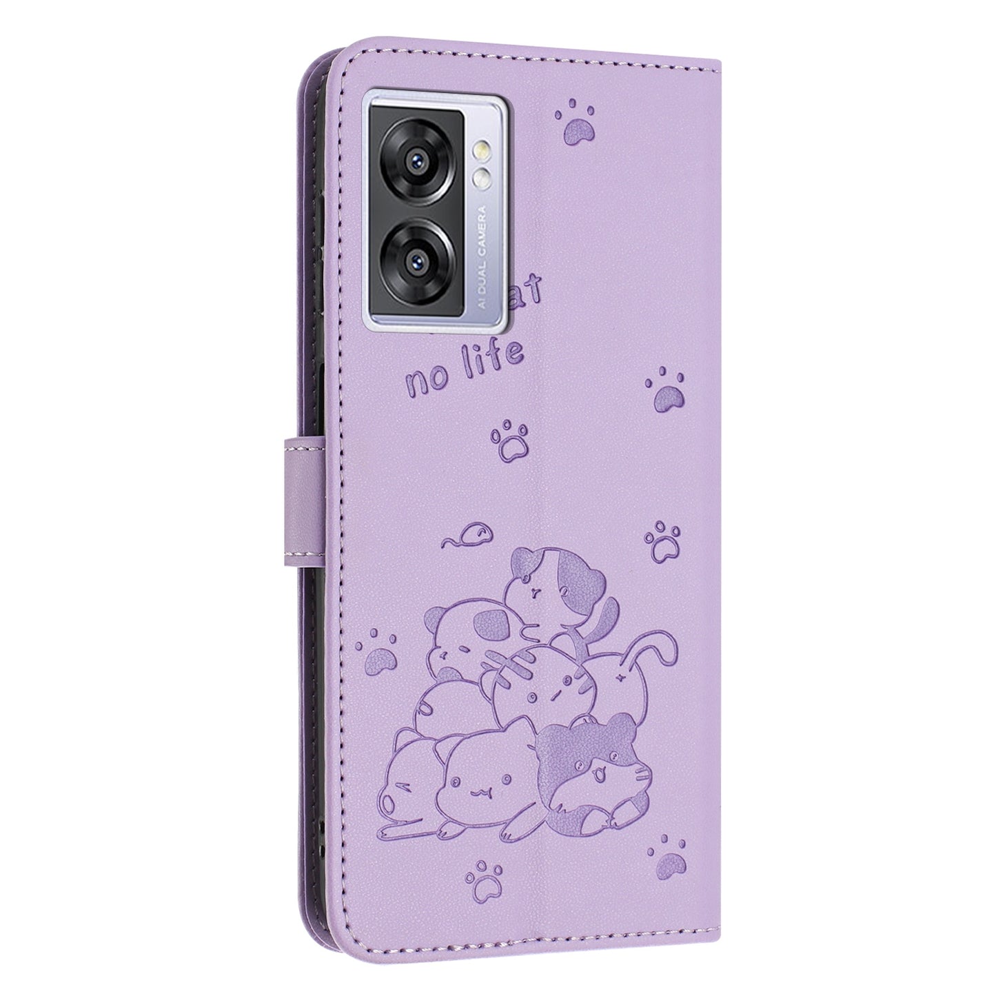 OPPO A77 5G Embossed Kitten PU Leather Wallet Case with Card Slots, Cash Pocket, Kickstand Function, Wrist Lanyard Strap, Full Protective TPU Flip Cover