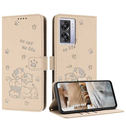 OPPO A77 5G Embossed Kitten PU Leather Wallet Case with Card Slots, Cash Pocket, Kickstand Function, Wrist Lanyard Strap, Full Protective TPU Flip Cover