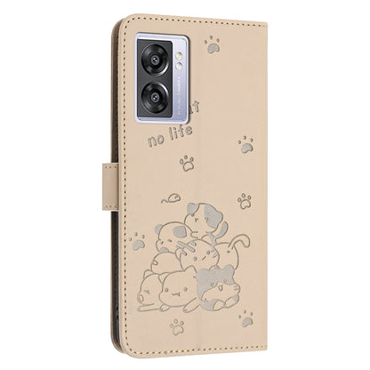 OPPO A77 5G Embossed Kitten PU Leather Wallet Case with Card Slots, Cash Pocket, Kickstand Function, Wrist Lanyard Strap, Full Protective TPU Flip Cover