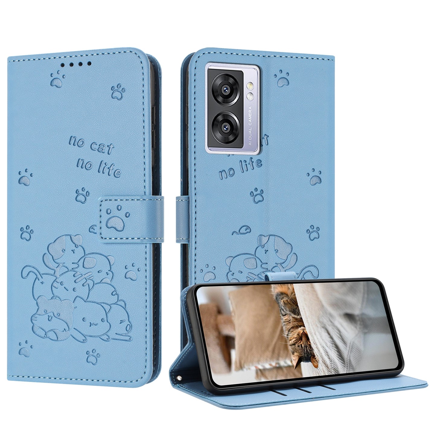OPPO A77 5G Embossed Kitten PU Leather Wallet Case with Card Slots, Cash Pocket, Kickstand Function, Wrist Lanyard Strap, Full Protective TPU Flip Cover