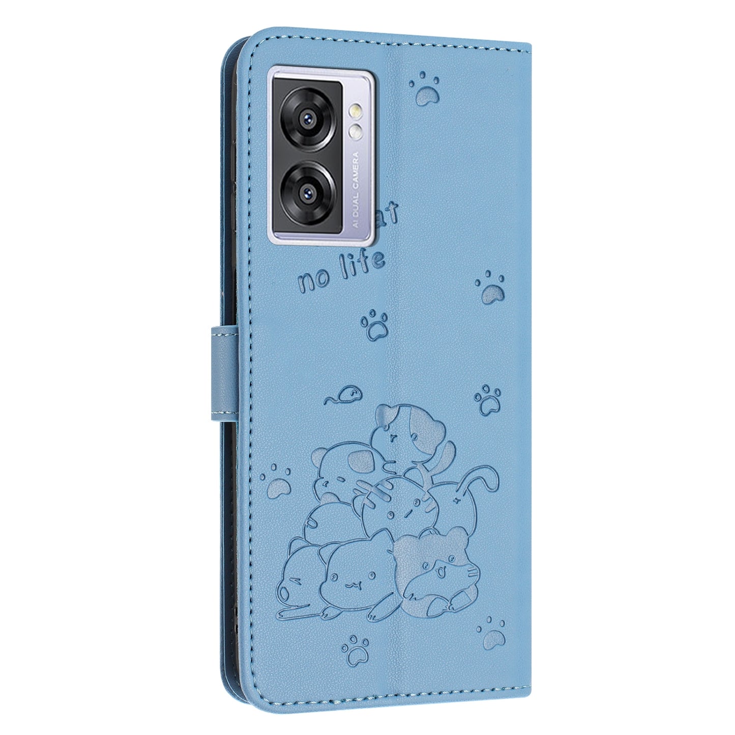 OPPO A77 5G Embossed Kitten PU Leather Wallet Case with Card Slots, Cash Pocket, Kickstand Function, Wrist Lanyard Strap, Full Protective TPU Flip Cover