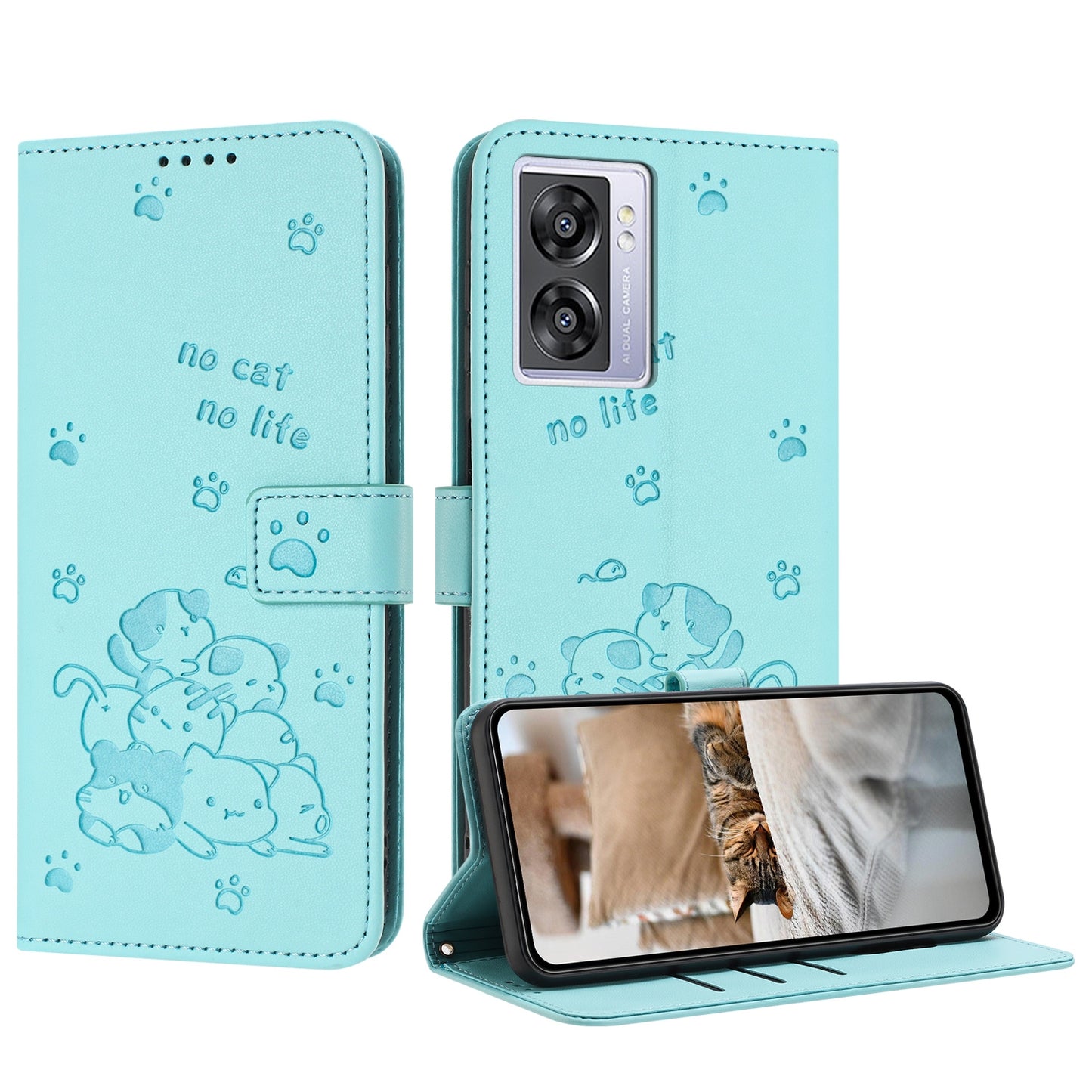 OPPO A77 5G Embossed Kitten PU Leather Wallet Case with Card Slots, Cash Pocket, Kickstand Function, Wrist Lanyard Strap, Full Protective TPU Flip Cover