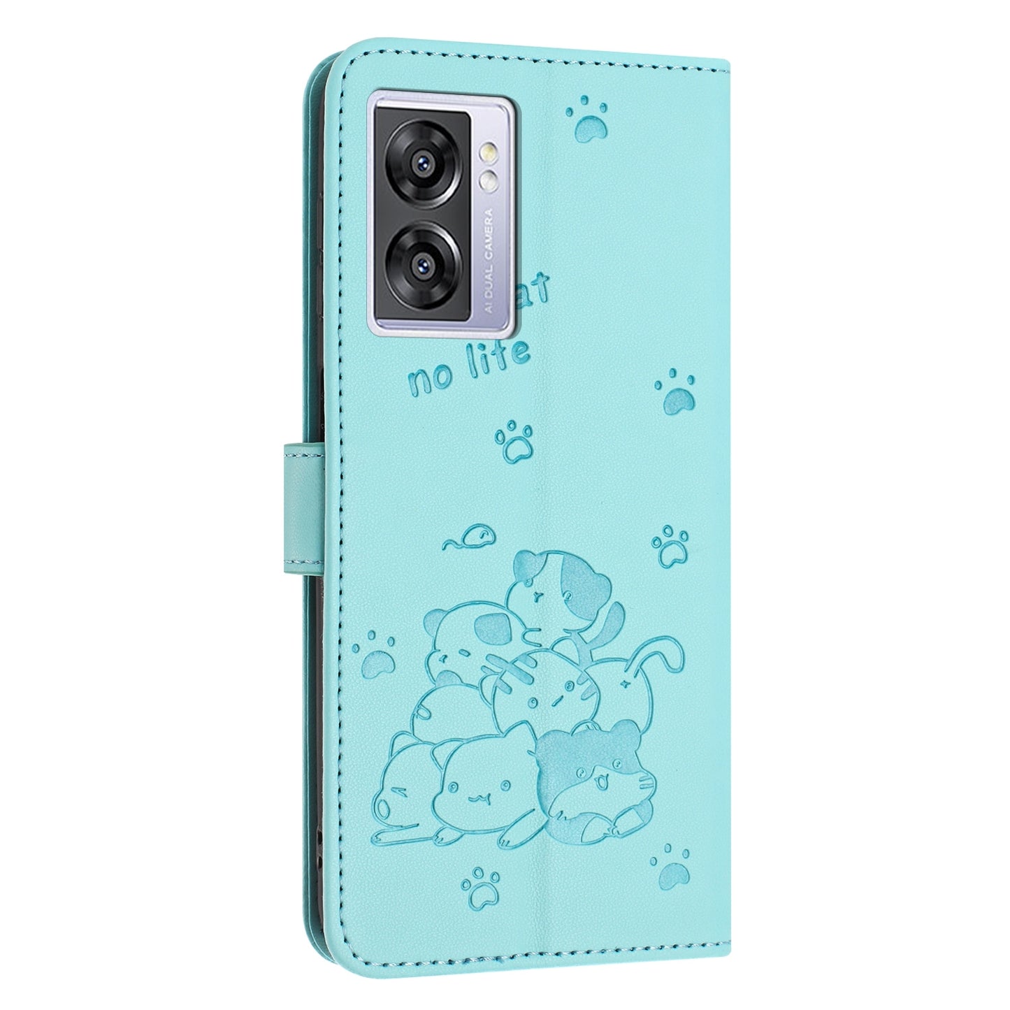 OPPO A77 5G Embossed Kitten PU Leather Wallet Case with Card Slots, Cash Pocket, Kickstand Function, Wrist Lanyard Strap, Full Protective TPU Flip Cover