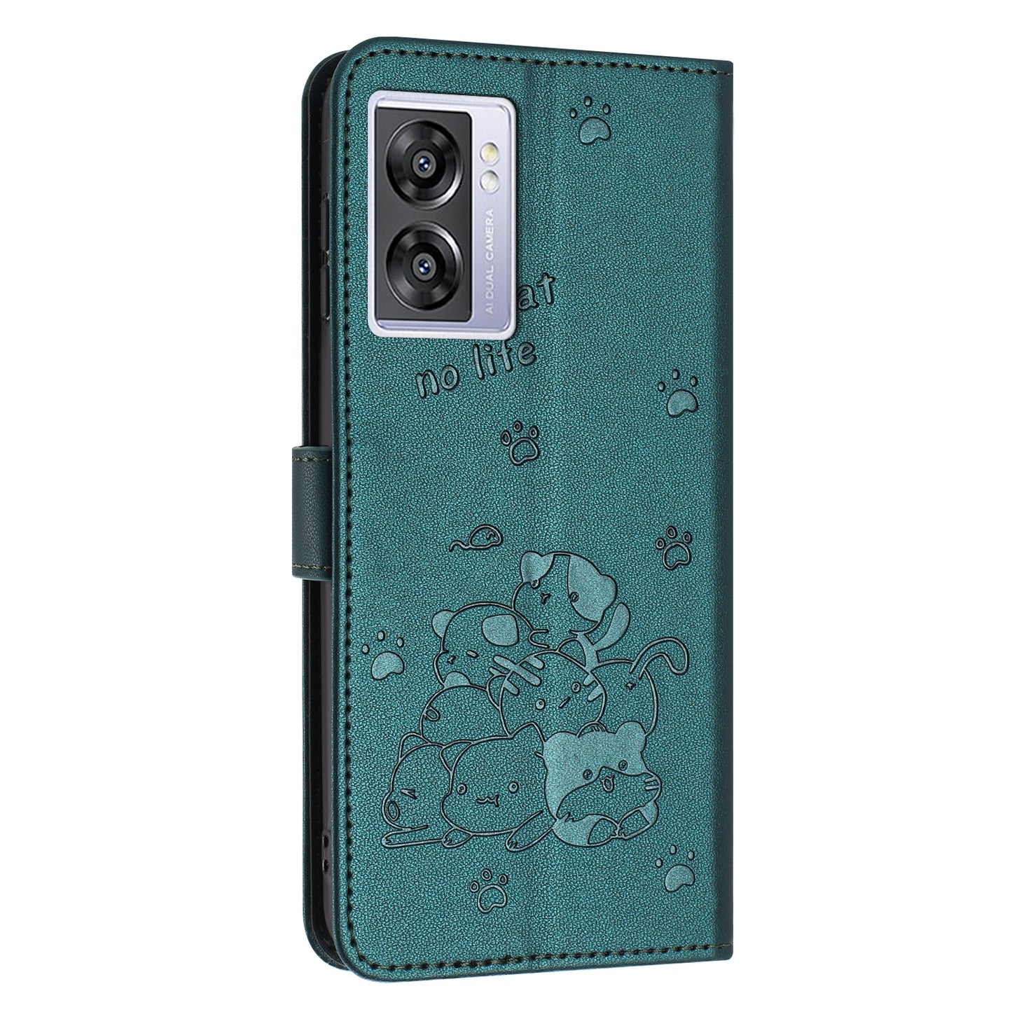 OPPO A77 5G Embossed Kitten PU Leather Wallet Case with Card Slots, Cash Pocket, Kickstand Function, Wrist Lanyard Strap, Full Protective TPU Flip Cover
