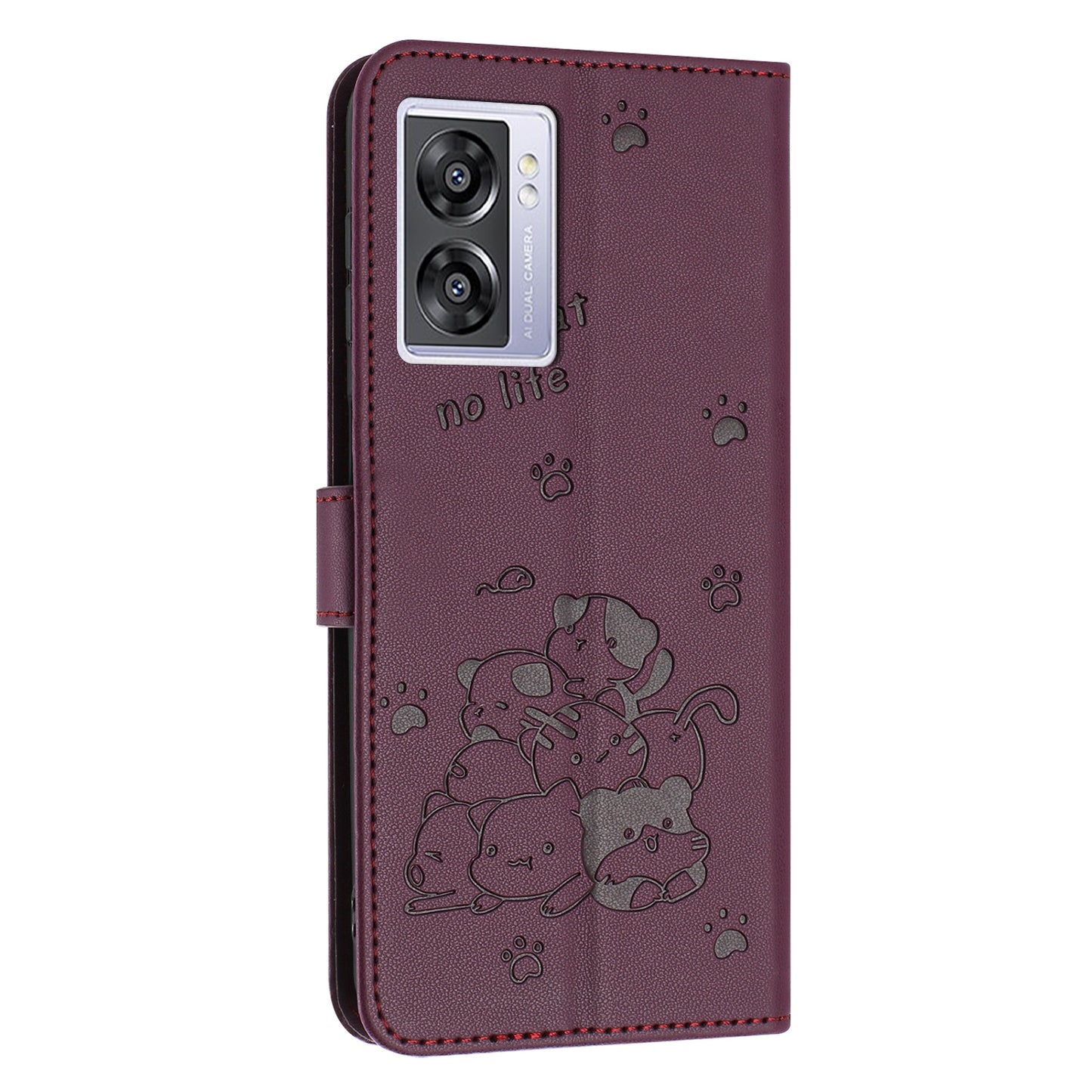 OPPO A77 5G Embossed Kitten PU Leather Wallet Case with Card Slots, Cash Pocket, Kickstand Function, Wrist Lanyard Strap, Full Protective TPU Flip Cover