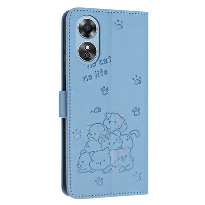 OPPO A78 5G Embossed Kitten PU Leather Wallet Case with Card Slots, Cash Pocket, Kickstand Function, Wrist Lanyard Strap, Full Protective TPU Flip Cover