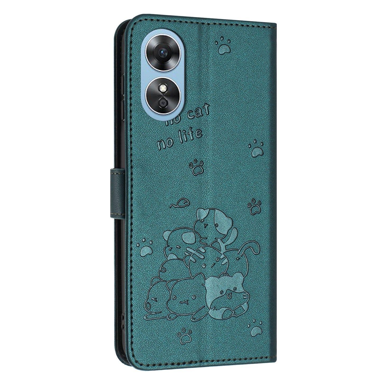 OPPO A58x 5G Embossed Kitten PU Leather Wallet Case with Card Slots, Cash Pocket, Kickstand Function, Wrist Lanyard Strap, Full Protective TPU Flip Cover