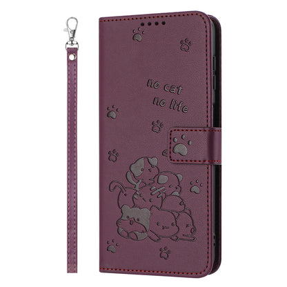 OPPO A58x 5G Embossed Kitten PU Leather Wallet Case with Card Slots, Cash Pocket, Kickstand Function, Wrist Lanyard Strap, Full Protective TPU Flip Cover