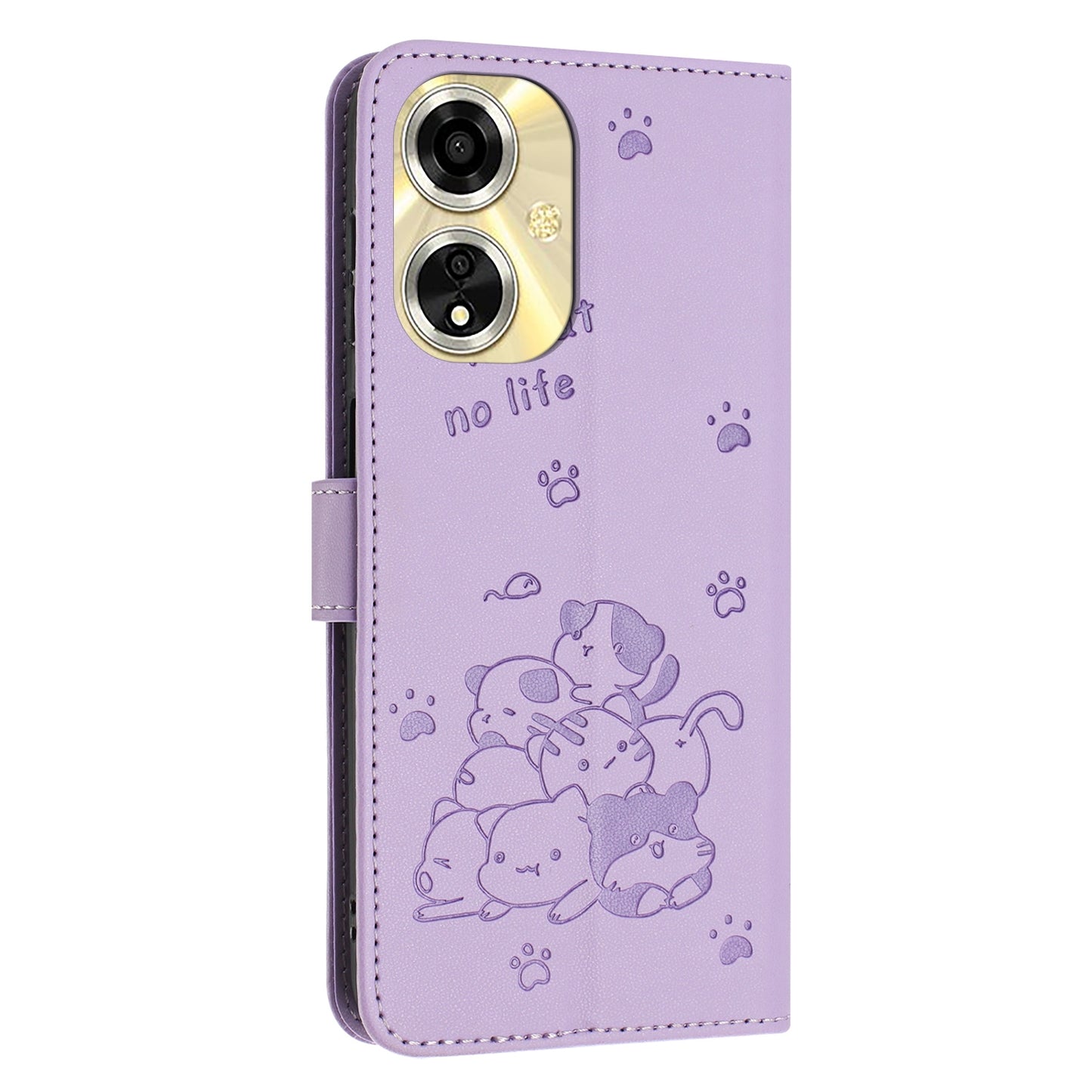 OPPO A59 5G Embossed Kitten PU Leather Wallet Case with Card Slots, Cash Pocket, Kickstand Function, Wrist Lanyard Strap, Full Protective TPU Flip Cover
