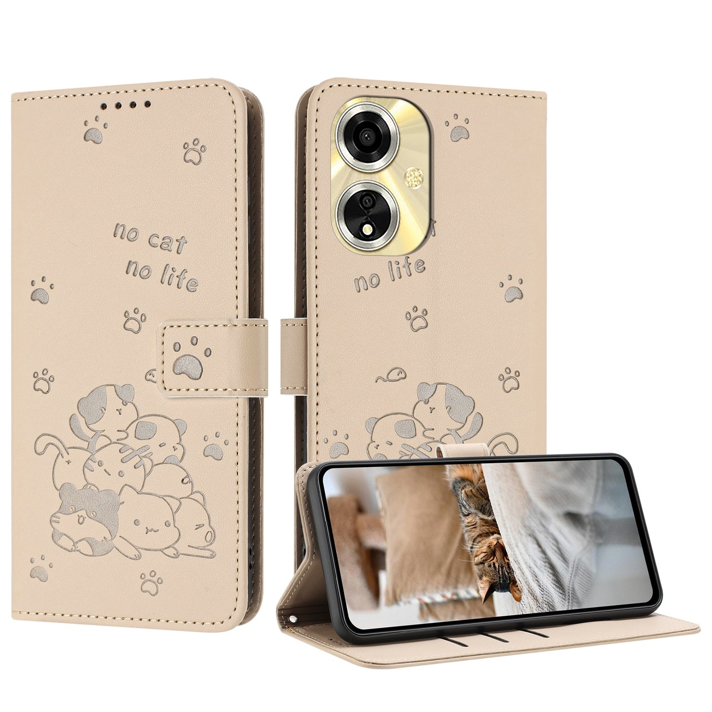 OPPO A59 5G Embossed Kitten PU Leather Wallet Case with Card Slots, Cash Pocket, Kickstand Function, Wrist Lanyard Strap, Full Protective TPU Flip Cover