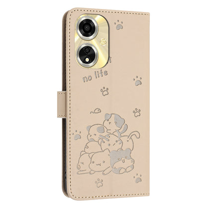 OPPO A59 5G Embossed Kitten PU Leather Wallet Case with Card Slots, Cash Pocket, Kickstand Function, Wrist Lanyard Strap, Full Protective TPU Flip Cover