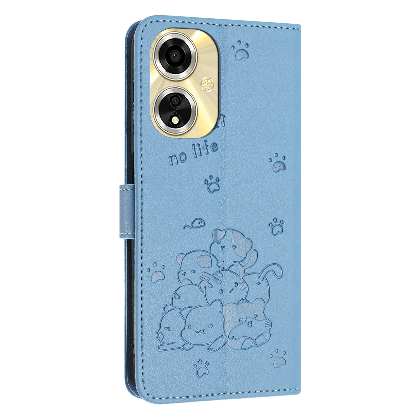 OPPO A59 5G Embossed Kitten PU Leather Wallet Case with Card Slots, Cash Pocket, Kickstand Function, Wrist Lanyard Strap, Full Protective TPU Flip Cover