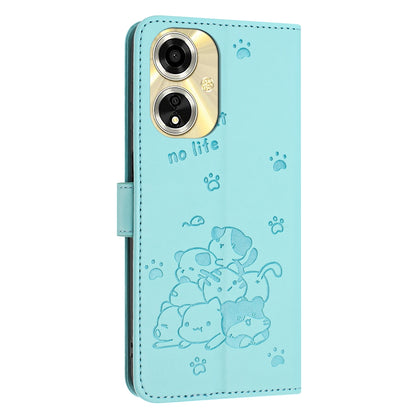 OPPO A59 5G Embossed Kitten PU Leather Wallet Case with Card Slots, Cash Pocket, Kickstand Function, Wrist Lanyard Strap, Full Protective TPU Flip Cover