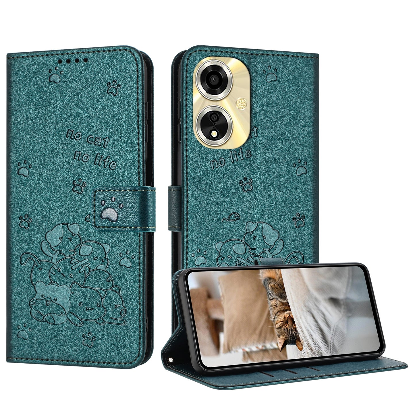 OPPO A59 5G Embossed Kitten PU Leather Wallet Case with Card Slots, Cash Pocket, Kickstand Function, Wrist Lanyard Strap, Full Protective TPU Flip Cover