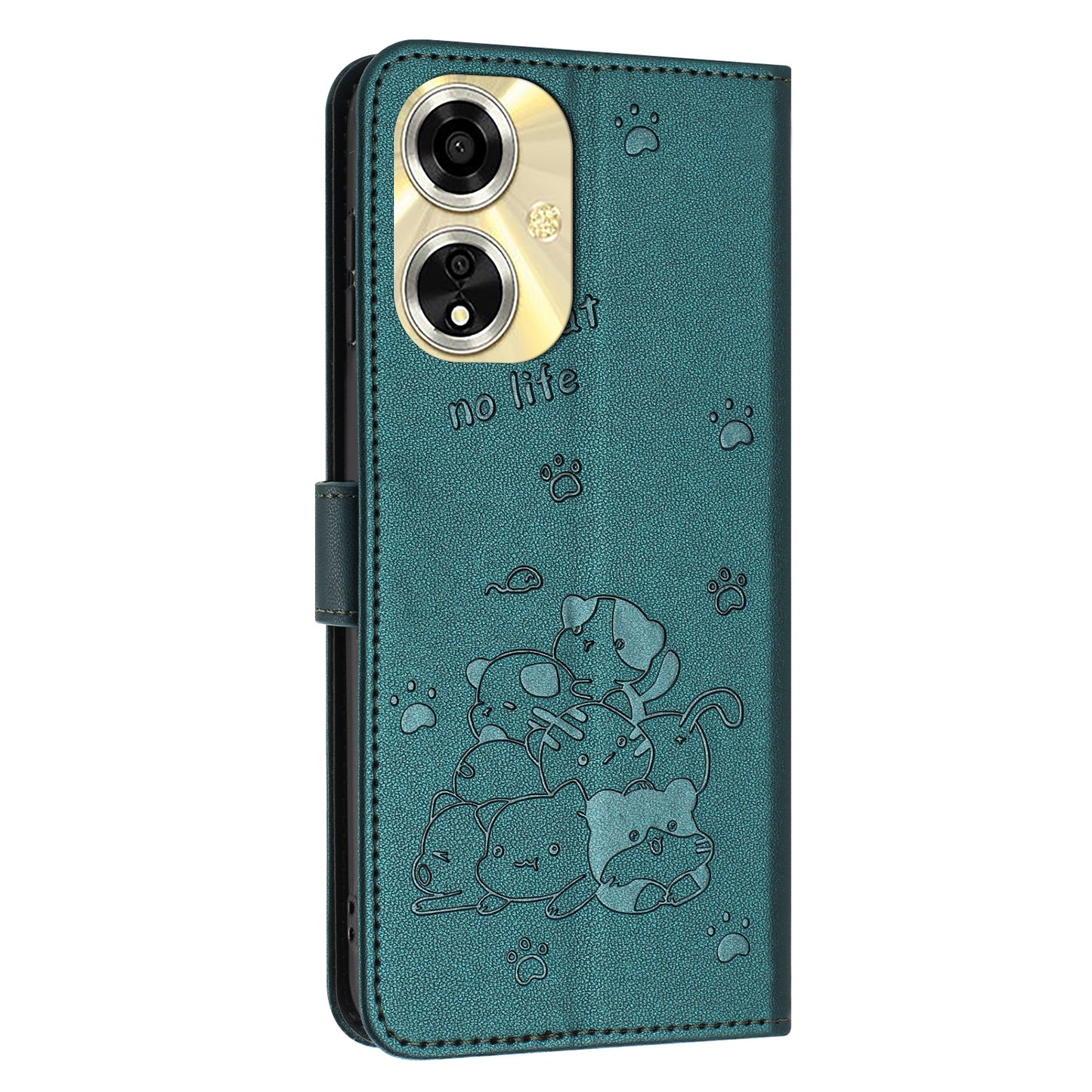 OPPO A59 5G Embossed Kitten PU Leather Wallet Case with Card Slots, Cash Pocket, Kickstand Function, Wrist Lanyard Strap, Full Protective TPU Flip Cover