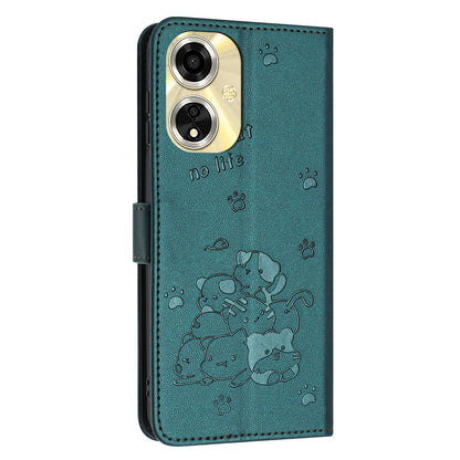 OPPO A59 5G Embossed Kitten PU Leather Wallet Case with Card Slots, Cash Pocket, Kickstand Function, Wrist Lanyard Strap, Full Protective TPU Flip Cover