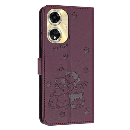 OPPO A59 5G Embossed Kitten PU Leather Wallet Case with Card Slots, Cash Pocket, Kickstand Function, Wrist Lanyard Strap, Full Protective TPU Flip Cover