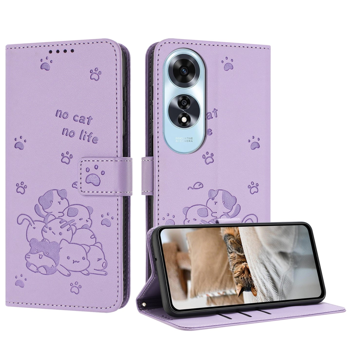 OPPO A60 4G Embossed Kitten PU Leather Wallet Case with Card Slots, Cash Pocket, Kickstand Function, Wrist Lanyard Strap, Full Protective TPU Flip Cover