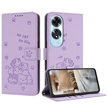 OPPO A60 4G Embossed Kitten PU Leather Wallet Case with Card Slots, Cash Pocket, Kickstand Function, Wrist Lanyard Strap, Full Protective TPU Flip Cover
