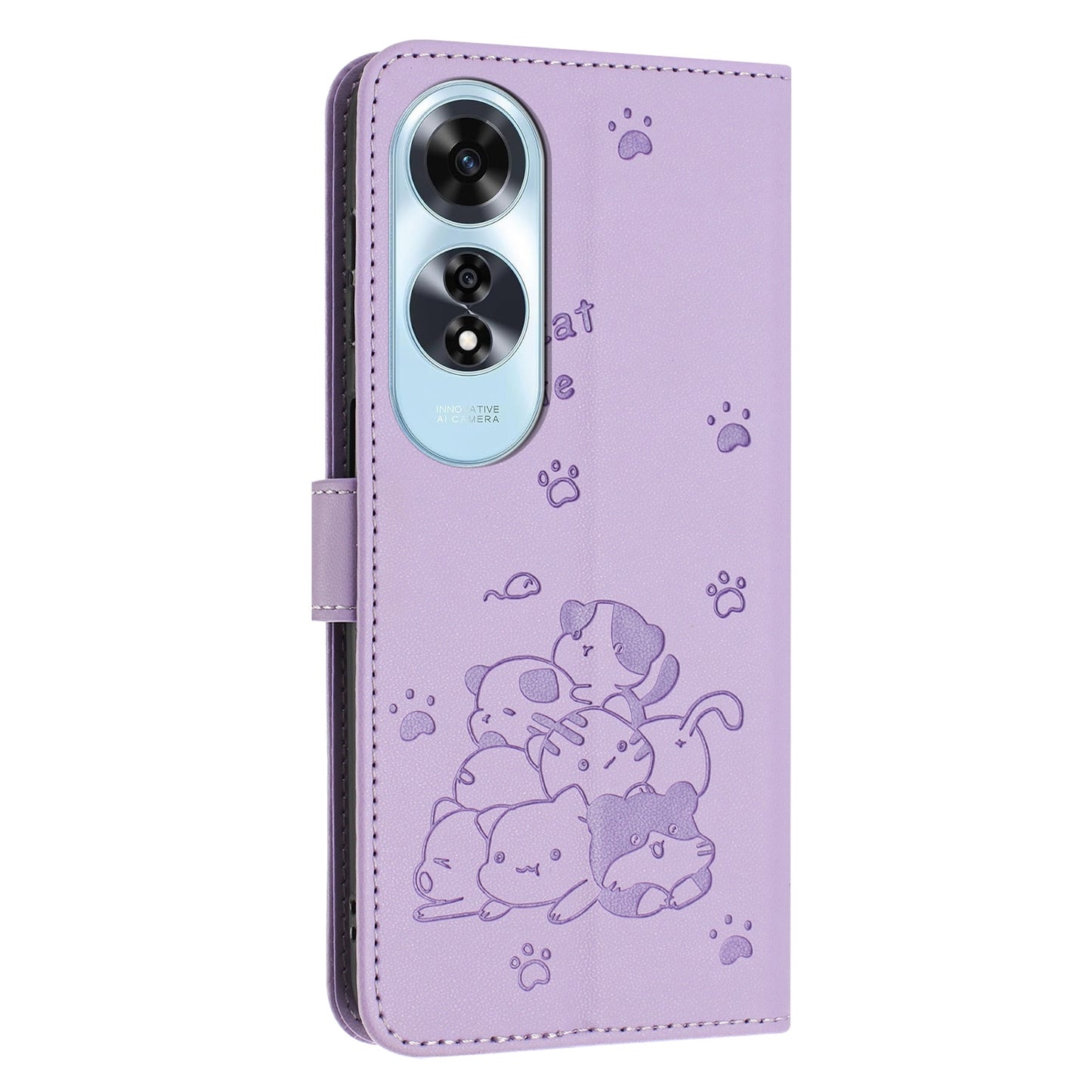 OPPO A60 4G Embossed Kitten PU Leather Wallet Case with Card Slots, Cash Pocket, Kickstand Function, Wrist Lanyard Strap, Full Protective TPU Flip Cover