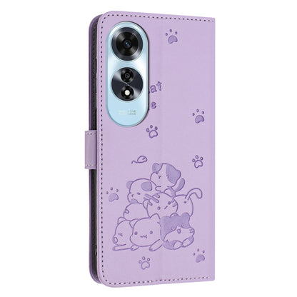OPPO A60 4G Embossed Kitten PU Leather Wallet Case with Card Slots, Cash Pocket, Kickstand Function, Wrist Lanyard Strap, Full Protective TPU Flip Cover