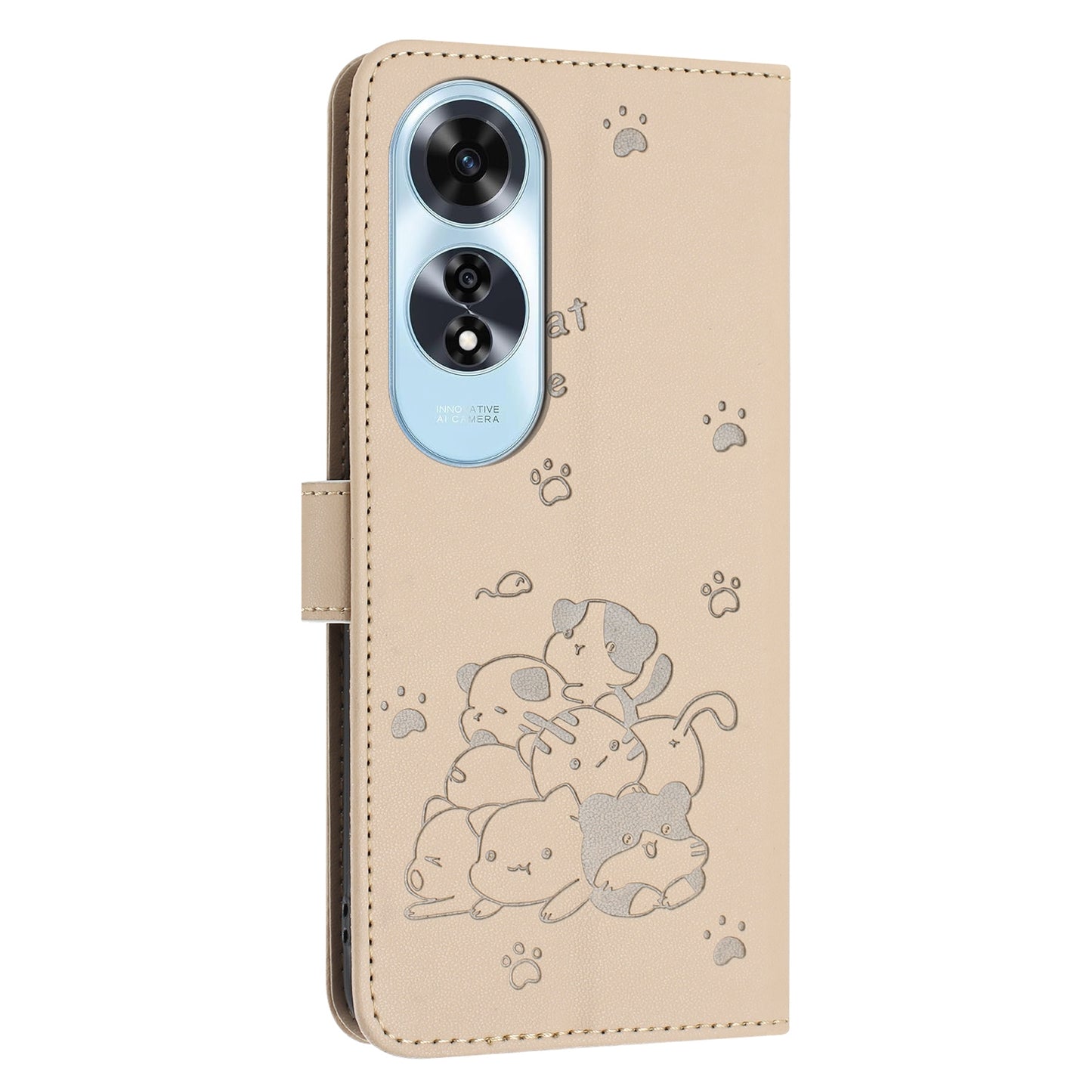 OPPO A60 4G Embossed Kitten PU Leather Wallet Case with Card Slots, Cash Pocket, Kickstand Function, Wrist Lanyard Strap, Full Protective TPU Flip Cover