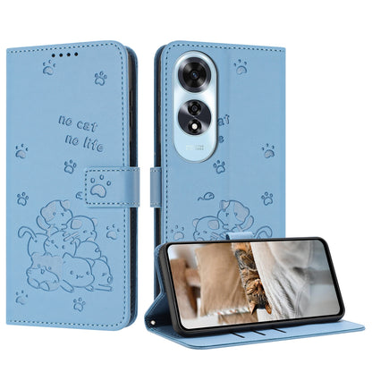 OPPO A60 4G Embossed Kitten PU Leather Wallet Case with Card Slots, Cash Pocket, Kickstand Function, Wrist Lanyard Strap, Full Protective TPU Flip Cover