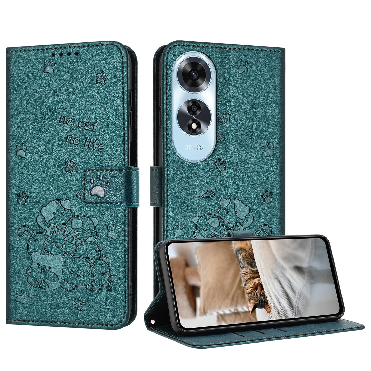OPPO A60 4G Embossed Kitten PU Leather Wallet Case with Card Slots, Cash Pocket, Kickstand Function, Wrist Lanyard Strap, Full Protective TPU Flip Cover