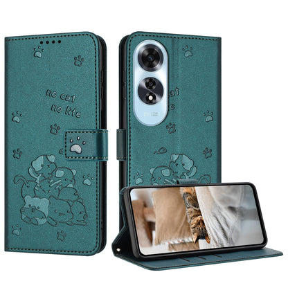 OPPO A60 4G Embossed Kitten PU Leather Wallet Case with Card Slots, Cash Pocket, Kickstand Function, Wrist Lanyard Strap, Full Protective TPU Flip Cover