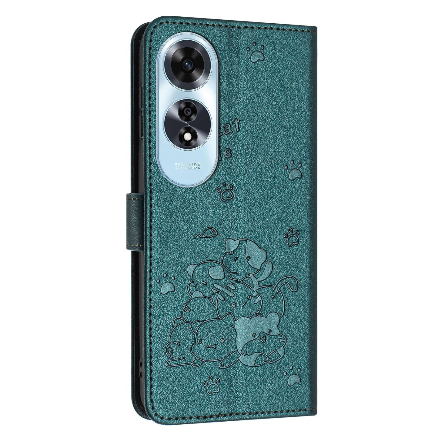 OPPO A60 4G Embossed Kitten PU Leather Wallet Case with Card Slots, Cash Pocket, Kickstand Function, Wrist Lanyard Strap, Full Protective TPU Flip Cover