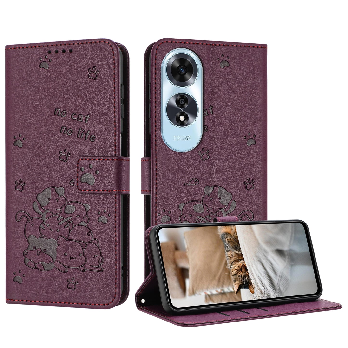 OPPO A60 4G Embossed Kitten PU Leather Wallet Case with Card Slots, Cash Pocket, Kickstand Function, Wrist Lanyard Strap, Full Protective TPU Flip Cover
