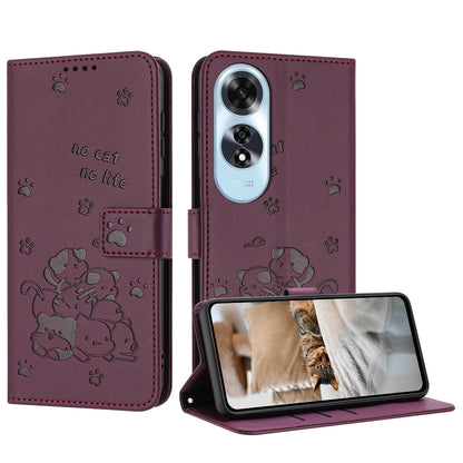OPPO A60 4G Embossed Kitten PU Leather Wallet Case with Card Slots, Cash Pocket, Kickstand Function, Wrist Lanyard Strap, Full Protective TPU Flip Cover