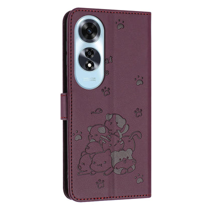 OPPO A60 4G Embossed Kitten PU Leather Wallet Case with Card Slots, Cash Pocket, Kickstand Function, Wrist Lanyard Strap, Full Protective TPU Flip Cover