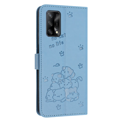 OPPO A74 4G Embossed Kitten PU Leather Wallet Case with Card Slots, Cash Pocket, Kickstand Function, Wrist Lanyard Strap, Full Protective TPU Flip Cover