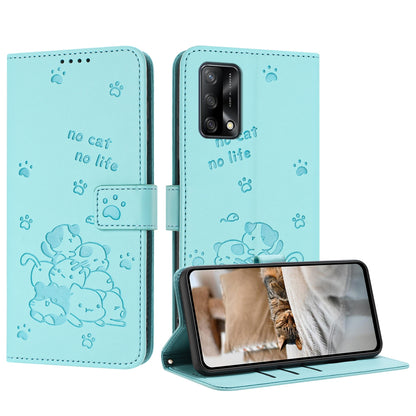 OPPO F19s Embossed Kitten PU Leather Wallet Case with Card Slots, Cash Pocket, Kickstand Function, Wrist Lanyard Strap, Full Protective TPU Flip Cover