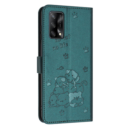 OPPO F19 Embossed Kitten PU Leather Wallet Case with Card Slots, Cash Pocket, Kickstand Function, Wrist Lanyard Strap, Full Protective TPU Flip Cover