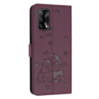 OPPO A74 4G Embossed Kitten PU Leather Wallet Case with Card Slots, Cash Pocket, Kickstand Function, Wrist Lanyard Strap, Full Protective TPU Flip Cover