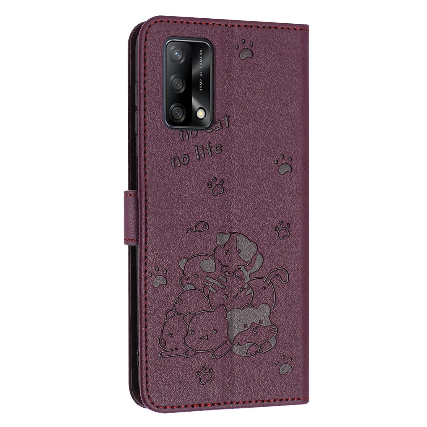 OPPO F19 Embossed Kitten PU Leather Wallet Case with Card Slots, Cash Pocket, Kickstand Function, Wrist Lanyard Strap, Full Protective TPU Flip Cover