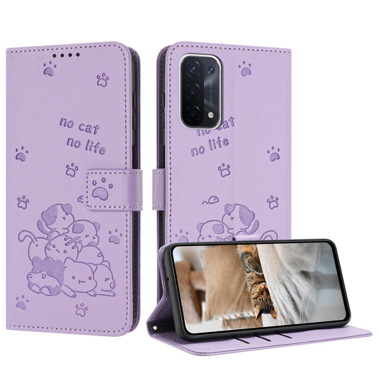 OPPO A74 5G Embossed Kitten PU Leather Wallet Case with Card Slots, Cash Pocket, Kickstand Function, Wrist Lanyard Strap, Full Protective TPU Flip Cover