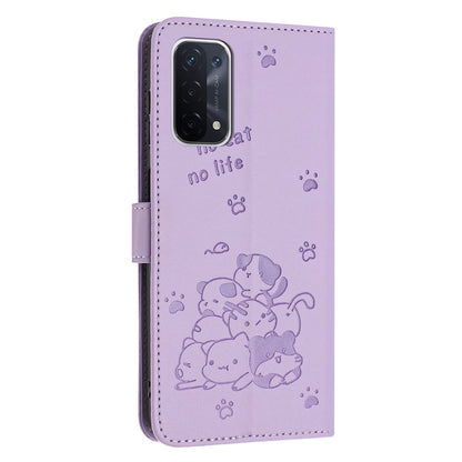 OPPO A74 5G Embossed Kitten PU Leather Wallet Case with Card Slots, Cash Pocket, Kickstand Function, Wrist Lanyard Strap, Full Protective TPU Flip Cover