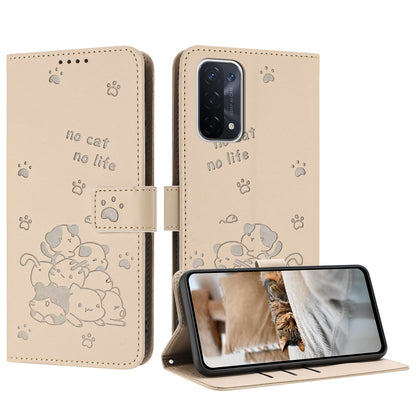 OPPO A74 5G Embossed Kitten PU Leather Wallet Case with Card Slots, Cash Pocket, Kickstand Function, Wrist Lanyard Strap, Full Protective TPU Flip Cover
