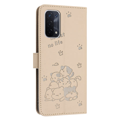 OPPO A74 5G Embossed Kitten PU Leather Wallet Case with Card Slots, Cash Pocket, Kickstand Function, Wrist Lanyard Strap, Full Protective TPU Flip Cover