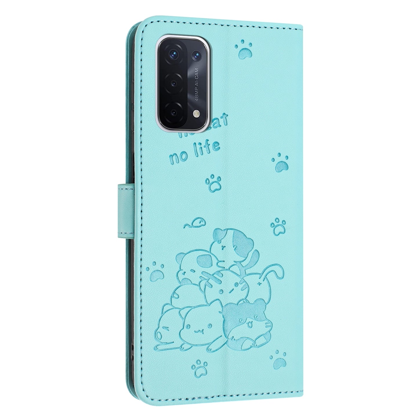 OPPO A93 5G Embossed Kitten PU Leather Wallet Case with Card Slots, Cash Pocket, Kickstand Function, Wrist Lanyard Strap, Full Protective TPU Flip Cover
