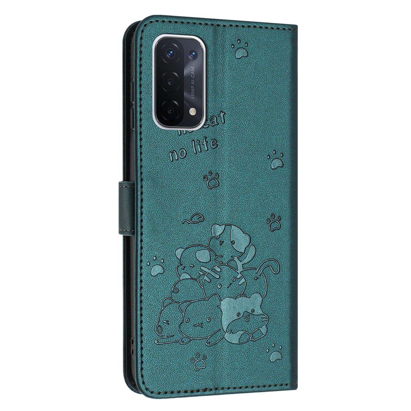 OPPO A93 5G Embossed Kitten PU Leather Wallet Case with Card Slots, Cash Pocket, Kickstand Function, Wrist Lanyard Strap, Full Protective TPU Flip Cover