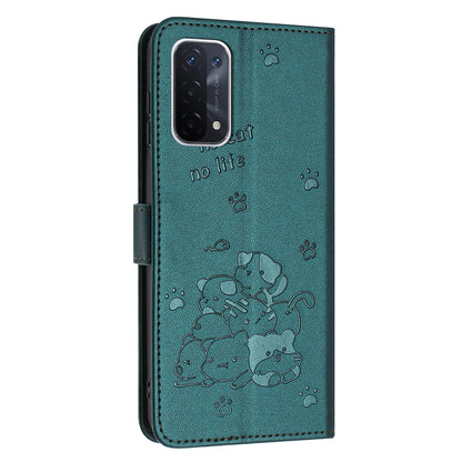 OPPO A93 5G Embossed Kitten PU Leather Wallet Case with Card Slots, Cash Pocket, Kickstand Function, Wrist Lanyard Strap, Full Protective TPU Flip Cover