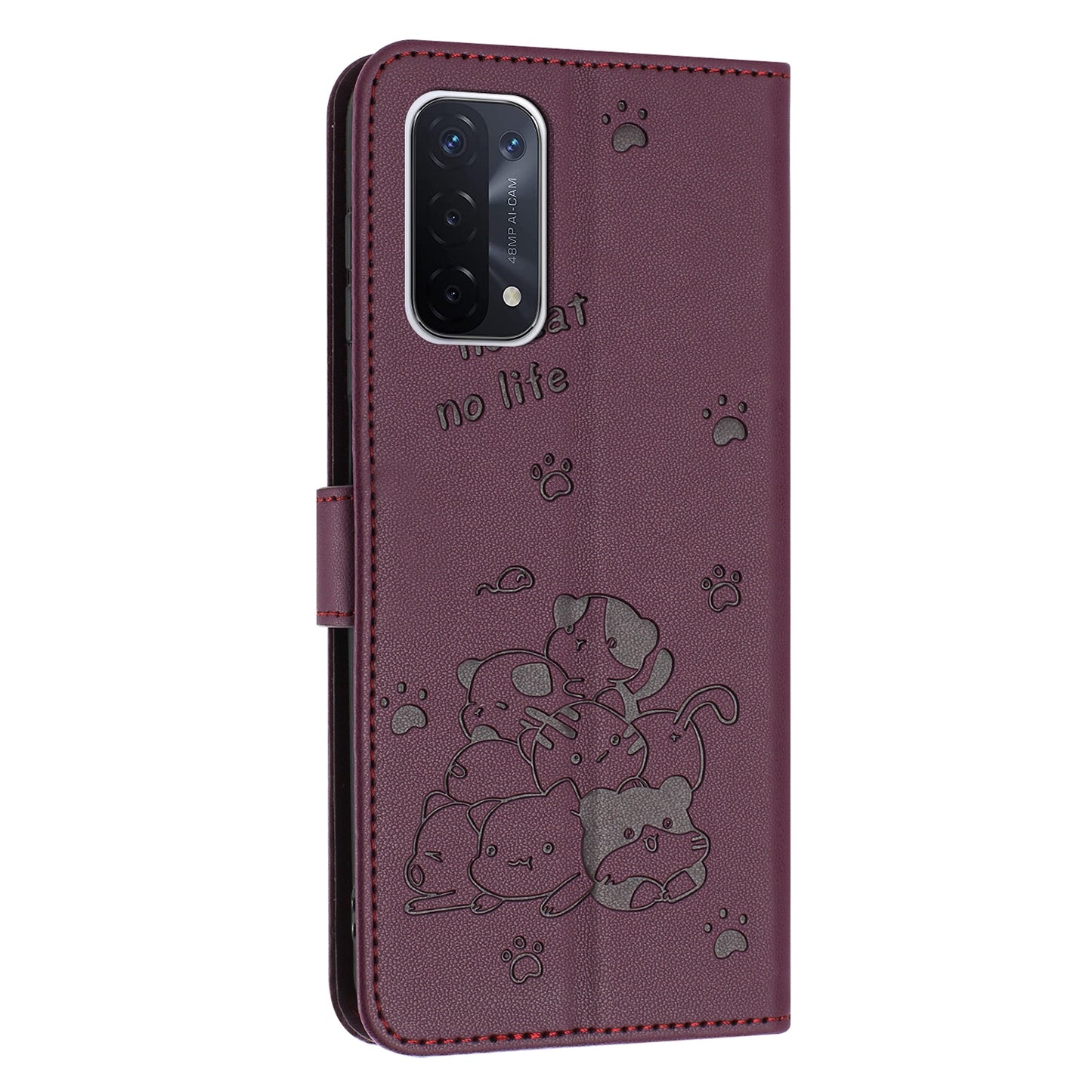 OPPO A74 5G Embossed Kitten PU Leather Wallet Case with Card Slots, Cash Pocket, Kickstand Function, Wrist Lanyard Strap, Full Protective TPU Flip Cover