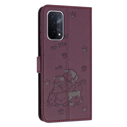 OPPO A74 5G Embossed Kitten PU Leather Wallet Case with Card Slots, Cash Pocket, Kickstand Function, Wrist Lanyard Strap, Full Protective TPU Flip Cover