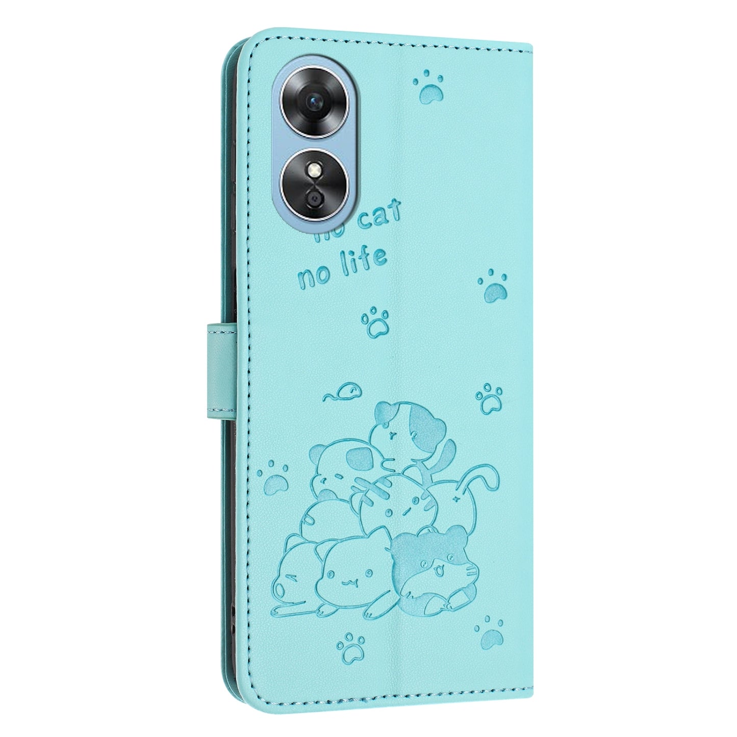 OPPO A78 4G Embossed Kitten PU Leather Wallet Case with Card Slots, Cash Pocket, Kickstand Function, Wrist Lanyard Strap, Full Protective TPU Flip Cover